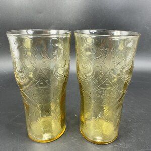 1930s Federal Glass Co Yellow Depression Glass Tumbler Madrid Pattern Set 2 VTG